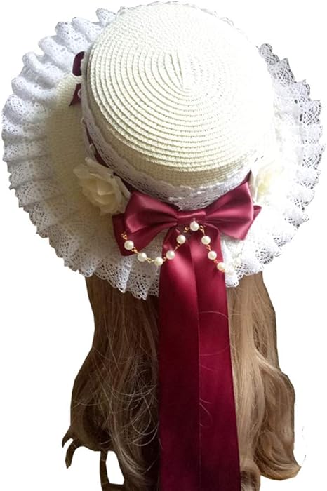 Amazon Co Jp リボン 付 ストロー ハット 麦わら 帽子 ゴスロリ 風 モチーフ 髪飾り 大人 子供 サイズ調整可 子供サイズ ワイン ホビー 通販