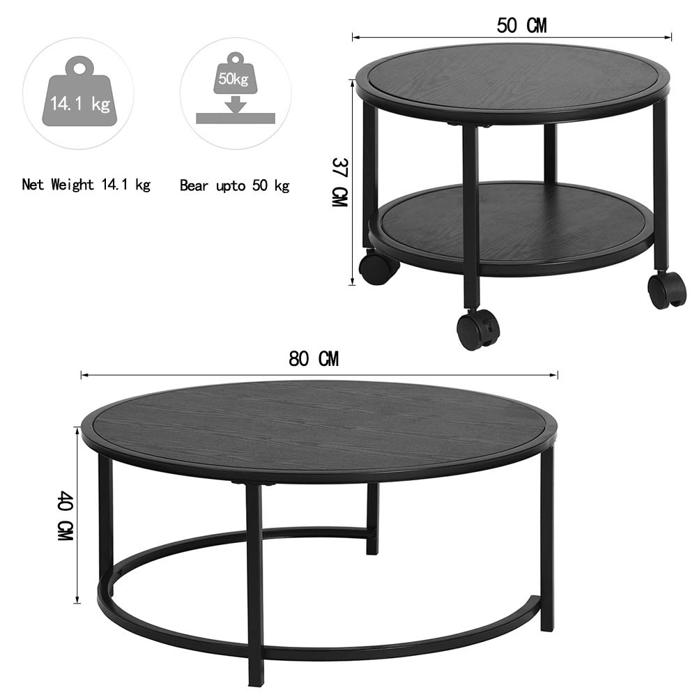 80 80 40cm Nesting Table Round End Table 2 Pcs Coffee Table Side Table Night Table With Storage Shelf Lockable Pulleys For Living Room 1 13mm Square Steel Tube Frame 15 Mm Mdf Tabletop