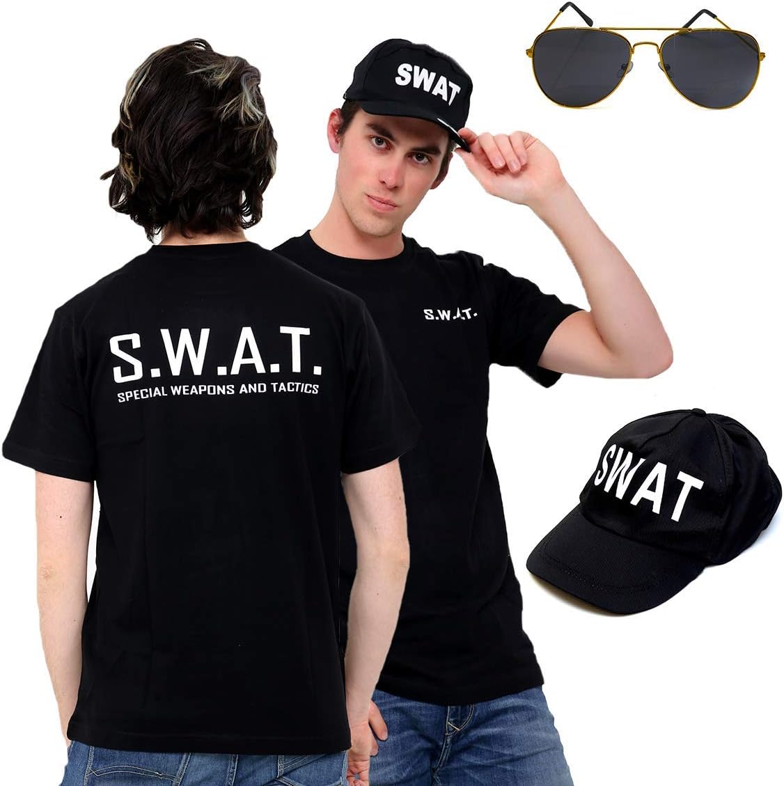 Paper Umbrella SWAT Team 3 piece set Tshirt + Cap + Shades Fancy Dress outfit (SMALL)