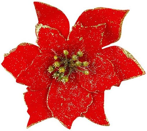 Amazon 10ピース人工クリスマス花キラキラポインセチア偽の花家の装飾メリークリスマスツリーの飾りクリスマスツリー Christmas Red パーティーグッズ おもちゃ