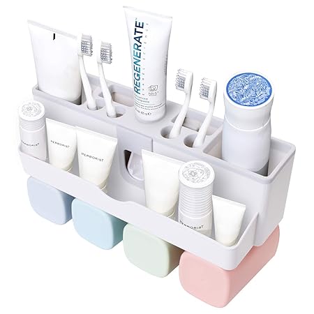 AICase Multifunktionaler Zahnbürstenhalter mit Zahnpastaspender und Zahnputzbecher, Befestigen ohne Bohren, Vielseitige Aufbe