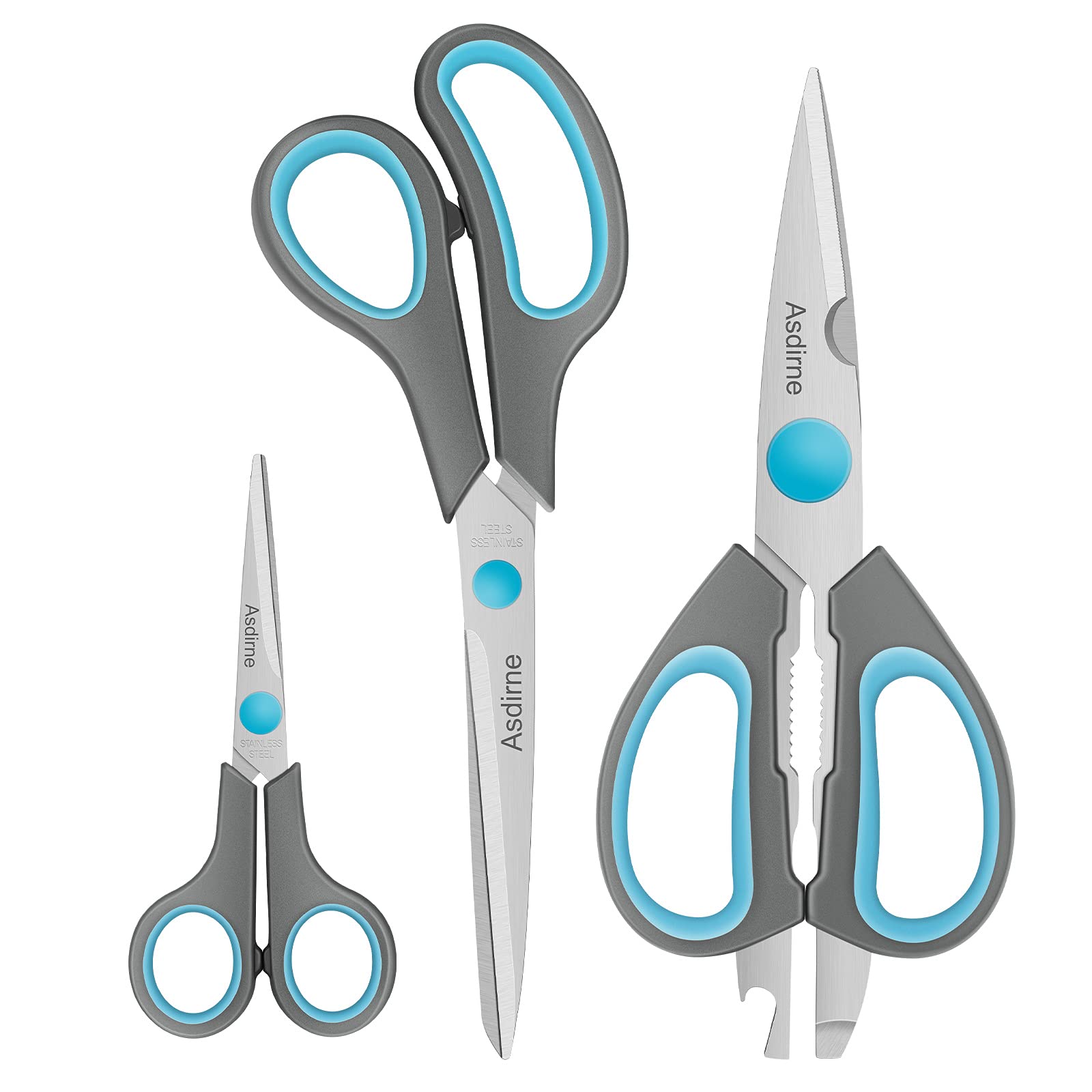 Asdirne Kitchen Scissors, Sharp Stainless Steel Blades and Soft Handles, Multifunctional Scissors Set, 3PCs, Blue/Grey