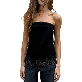 Women Satin Tube Top Sleeveless Strapless Lace Trim Flowy Cami Shirt Solid Color Lace Patchwork Bandeau Top