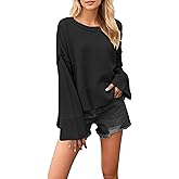 Wanzetaly Women's Oversized Cropped Sweaters Casual Crewneck Pagoda Sleeve Knit Pullover Tops(0518-Black-M)