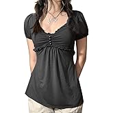 Women Short Sleeve Coquette Shirts Fairy Grunge Lace Floral Babydoll Tops Vinatge E-Girls Aesthetic Tunic Tops