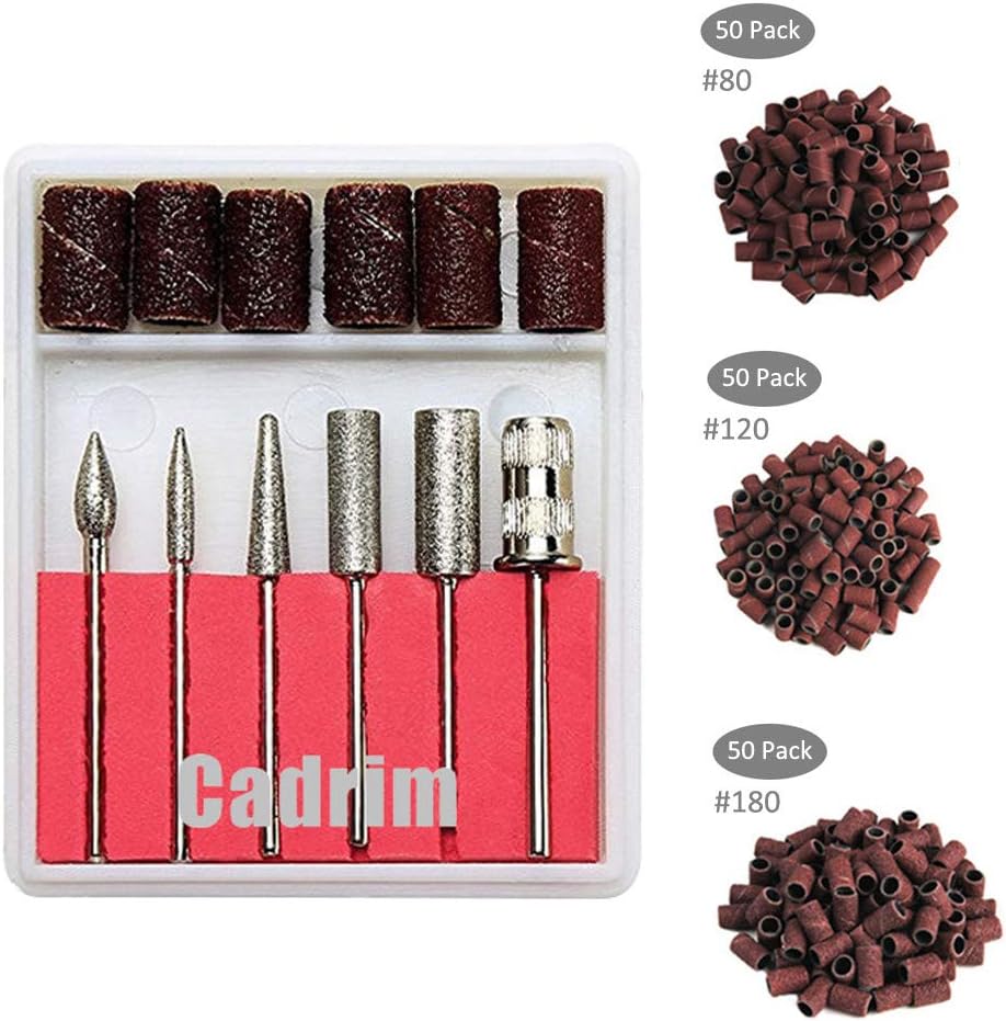 Cadrim Nail Art Drill Bits and Sanding Bands Sets, Electric Nail Drill Machine Replacement Bits for Nail Filing with 6 Bits and 150PCS Sanding Bands