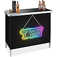 BRILLIHOOD Portable Pop-Up Bar Table with Mirrored Happy Hour Neon Sign, Music Sync Bar, LED Light Up Sign for Outdoor, Patio, Party, Picnic, Include Storage Shelf & Removable Skirt