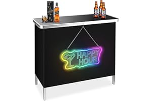BRILLIHOOD Portable Pop-Up Bar Table with Mirrored Happy Hour Neon Sign, Music Sync Bar Table, LED Light Up Sign & Bar Table for Outdoor, Patio, Party, Picnic, Include Storage Shelf & Removable Skirt