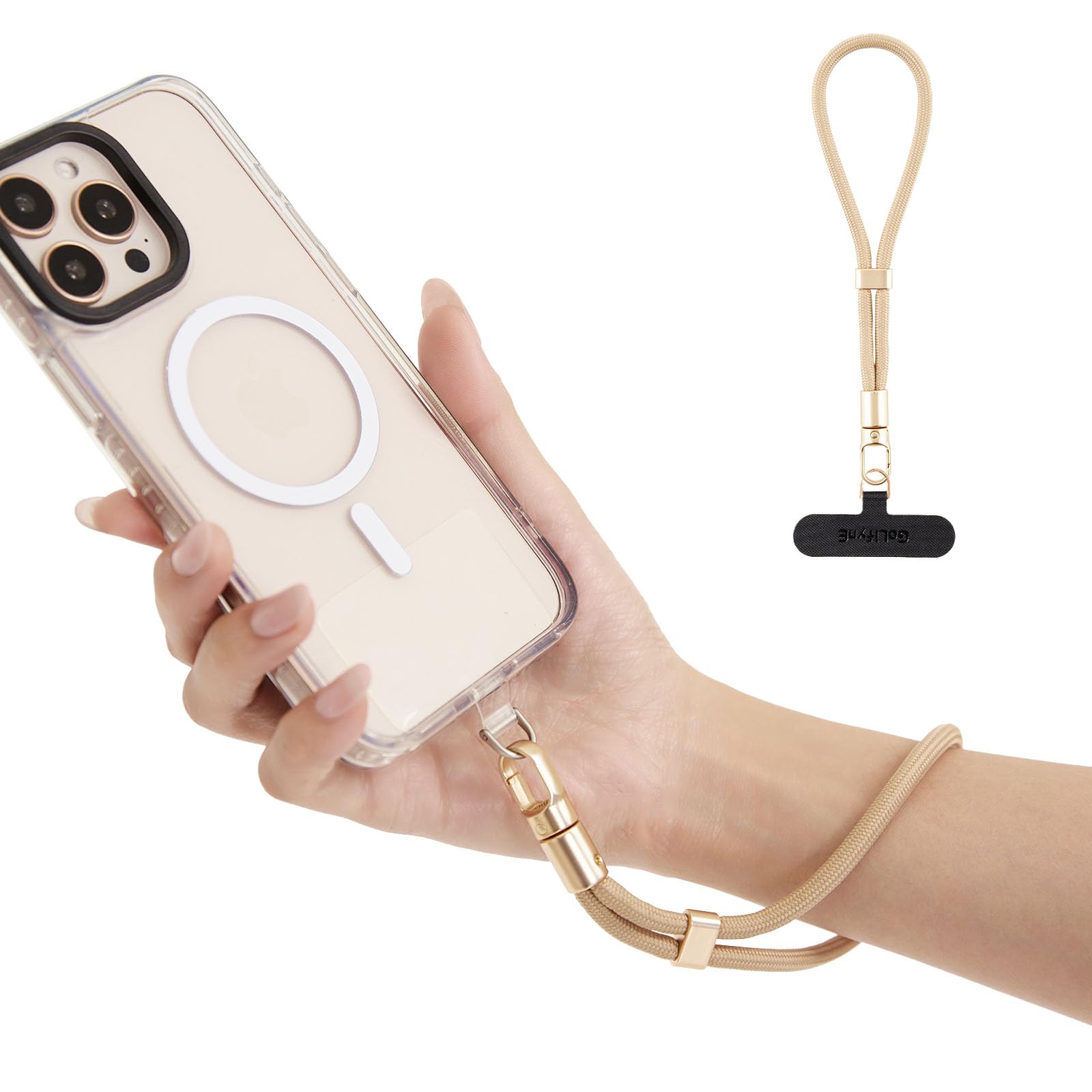 Golifyne Phone Wrist Strap for iPhone & Samsung – 6mm Lanyard with 2 Non-Adhesive Tether Tabs | Secure Hand Strap for Men & Women (Case Required, for Smartphones) – Camel Beige