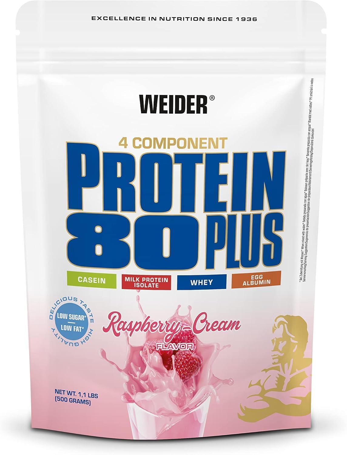 Weider Protein 80 Plus Protein Powder, Raspberry Cream, 4 Multi Component High Quality Protein Sources, Low Fat & Sugar, 500g