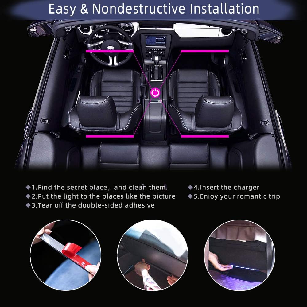 Car Interior Lights, Caferria Car LED Strip Light 4pcs 48 LED App Controller Waterproof Multi DIY Color Music Under Dash Car Lighting Kits with Sound Active Function for Smart Phone, Car Charger DC 12: Car Electronics