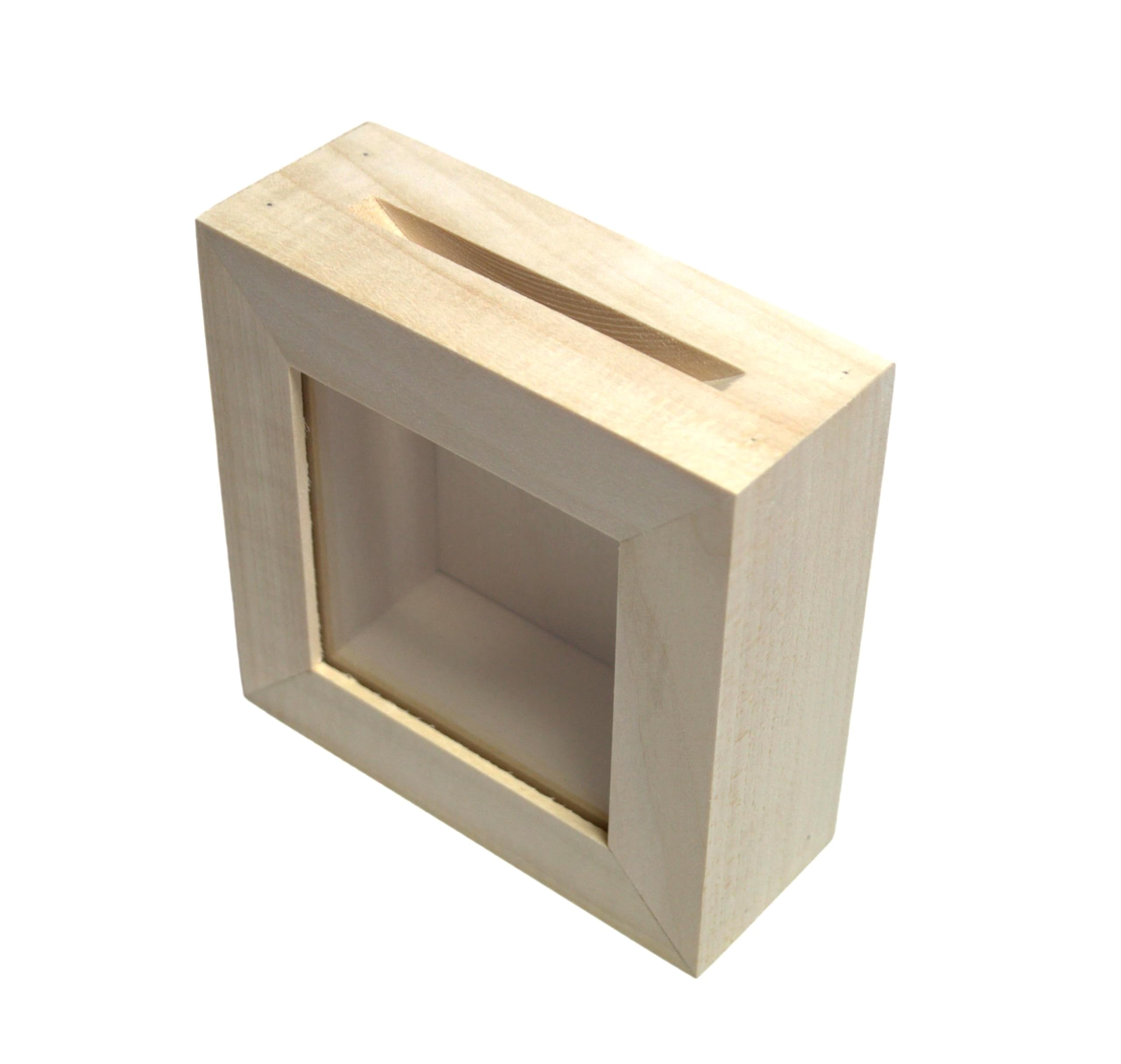 Wooden World - Wooden money box Wooden frame bank with front glass ideal for decoupage and pyrography