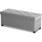 LITZFUR Storage Ottoman Bench, 43 Inch Foldable Ottoman with Legs, Velvet Foot Rest Stool, End of Bed Bench, Storage Chest for Living Room, Bedroom (Grey)