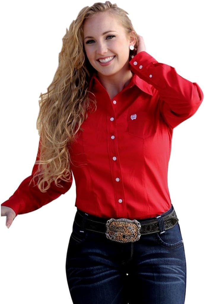 womens red button down shirt