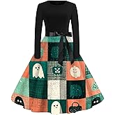 Women's Halloween Printed Party Plus Size Dresses Crew Neck Fall Sundress Vintage Casual Long Sleeve Dress with Belt