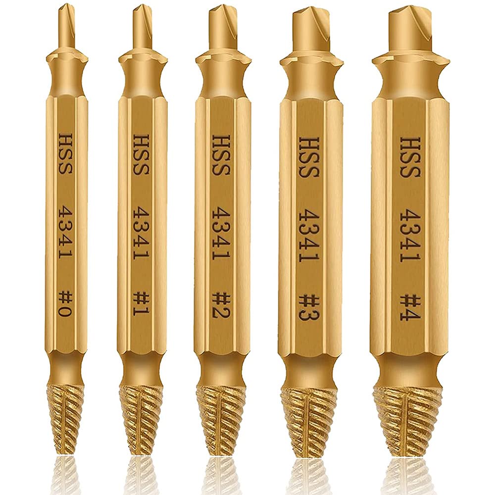 Loboo Idea Speed Out Screw Extractor Drill Bits Tool Set Broken Damaged Bolt Remover Guide Set Broken Easy Out Fastener Kit (5 Pieces HSS 4341#, Gold)