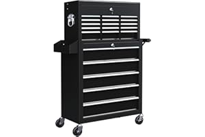 HOMCOM 14 Drawer Rolling Tool Chest, Lockable Tool Storage Cabinet with Detachable Top Toolbox, Protective Liner, Pegboard an