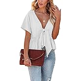 Fanway&EC Women's Short Sleeve V Neck Blouses Ruffle Hem Tie Front Crop Tops Lightweight Basic Summer Tops