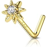 COCHARM 14K Solid Gold Sun Nose Stud 20g Yellow Gold L Bend Nostril Nose Stud 7mm Long Nose Piercing 14kt Real Gold Nose Stud Nose Ring Sparkling CZ Nickle Free Nose Bone Nose Jewelry