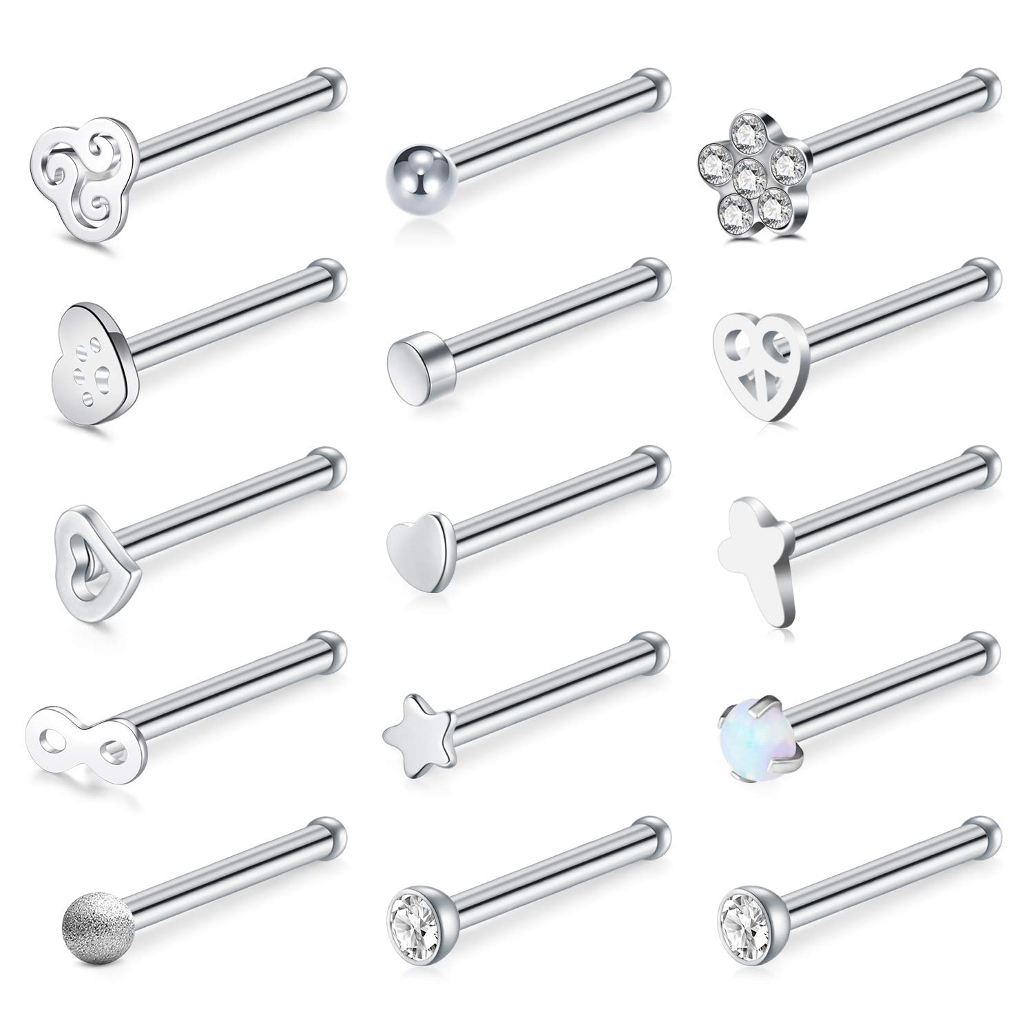 Briana Williams 15pcs Nose Studs Stainless Steel 20G Nose Screw L Shaped Nose Bone Rings Set Silver Piercing Jewellery