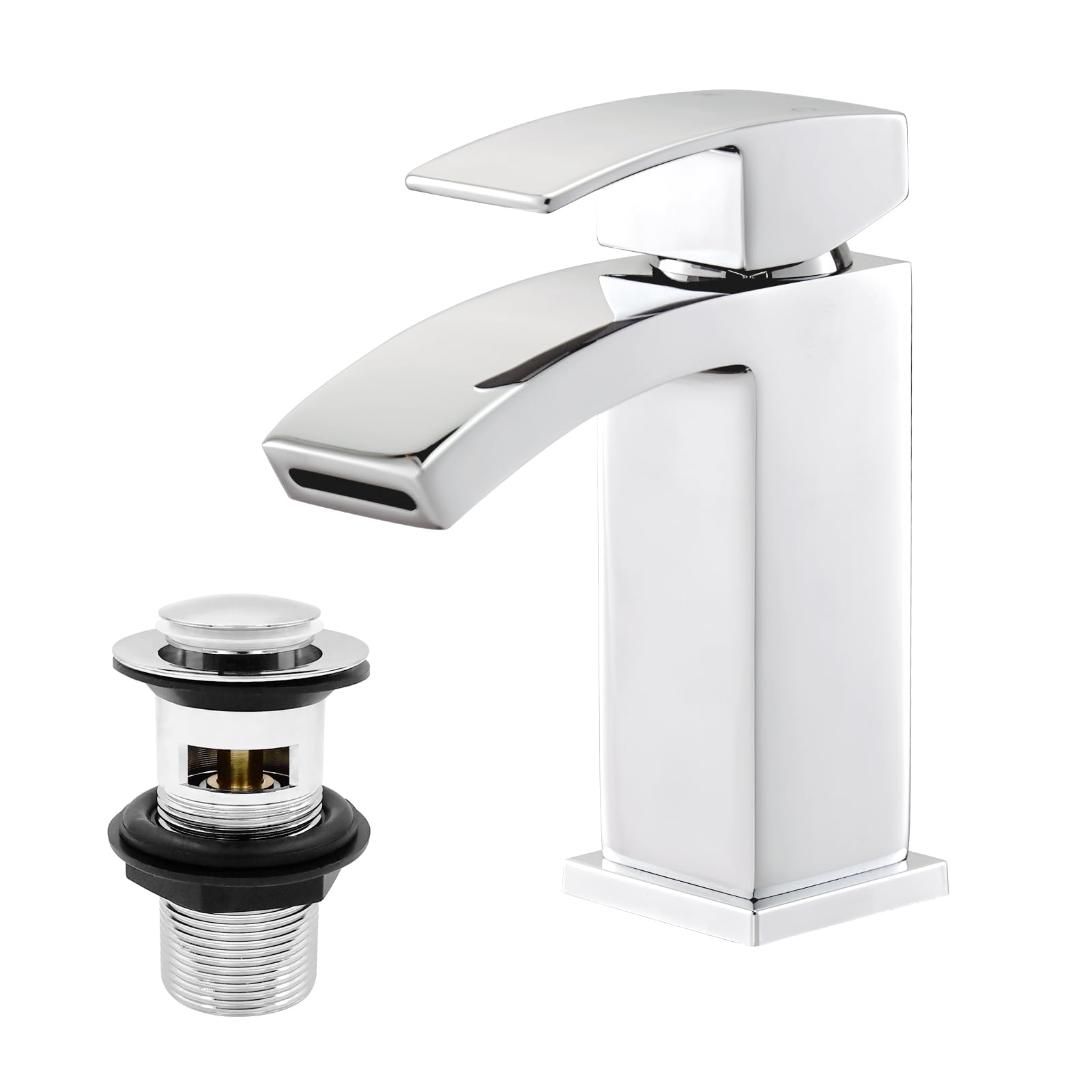 Waterfall Bathroom Sink Taps with Drain, BATHWEST Chrome Square Basin Taps with Pop Up Waste, Monobloc Brass Bathroom Taps with Sink Plug 322M