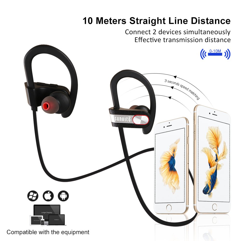 Sunvito auricolari Wireless Bluetooth,impermeabili, auricolari In-ear wireless per sport, cuffie stereo con microfono, tecnologia di cancellazione del rumore, perfette per correre, custodia inclusa