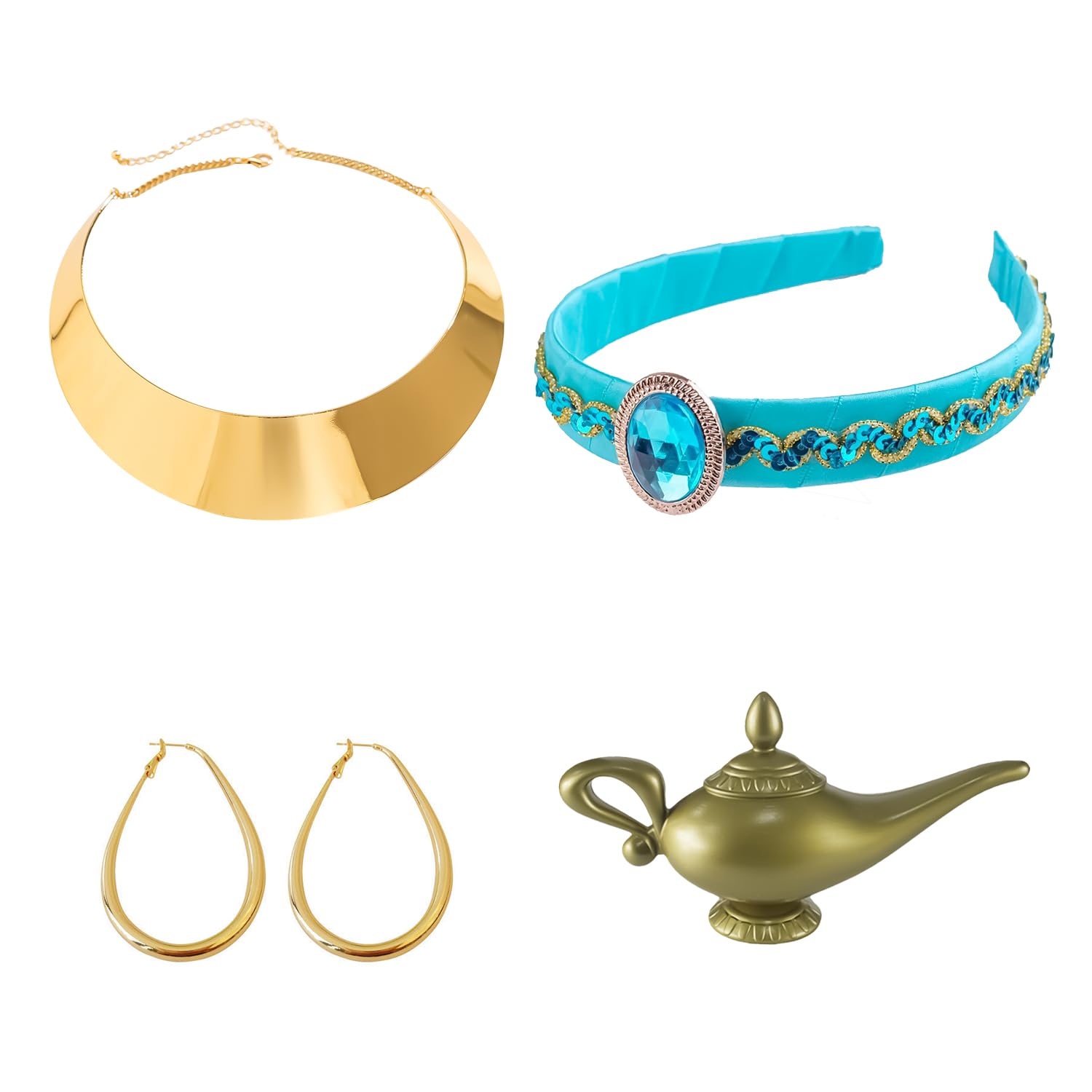 JNAWA 4Pieces Princess Costume Set Vintage Genie Lamp Geometric Necklace and Blue Headband Gold Earrings Halloween Fancy Dress Outfit for Women