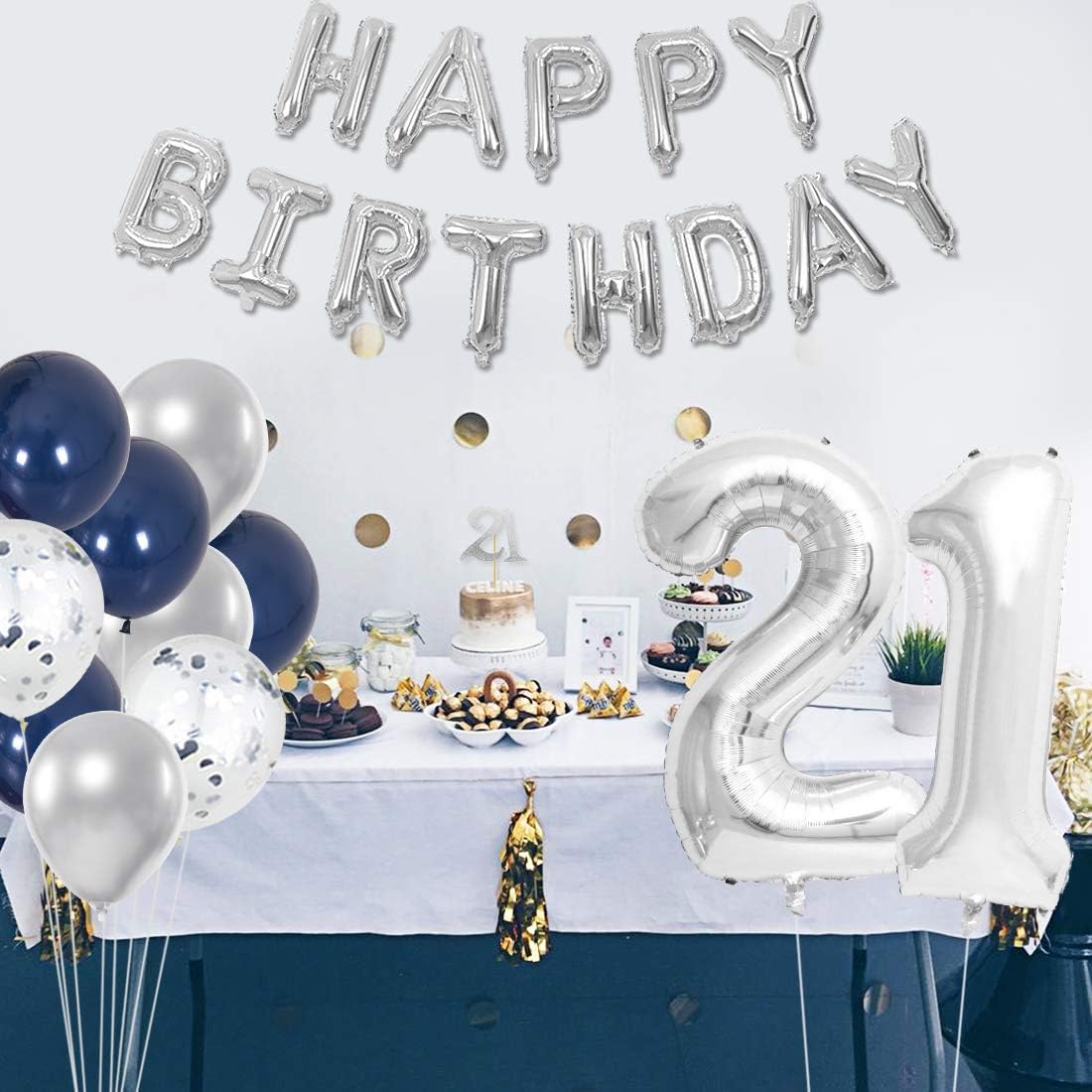 21st Birthday Decorations for Men, Navy Blue and Silver Party Decorations  with 40 Inches Number Balloons Cake Topper Happy Birthday Bunting Banner -  BigaMart