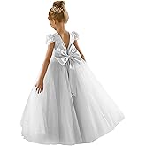 GETCUTE Lace Long Flower Girl Dress for Wedding Glitter Tulle V-Back Cap Sleeve Prom Pageant Party Dress with Bow