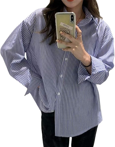 Amazon Shuming ストライプシャツ レディース ブラウス 長袖シャツ ゆったり シャツ ストライプ 襟付き きれいめ カジュアル オフィス 通勤 トップス 春 秋 Freeブルー シャツ ブラウス 通販