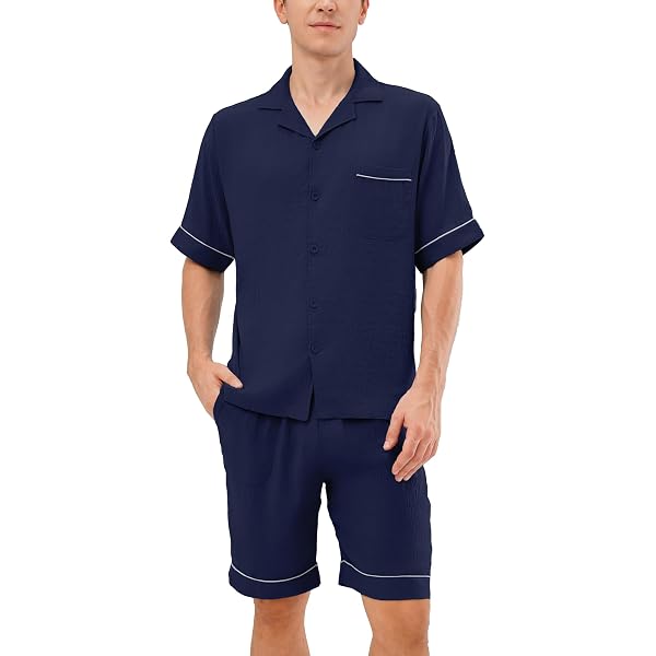 NACHILA Men's Bamboo Viscose Pajamas Set - Short Sleeve & Shorts, Tag-Free Cool Sleepwear