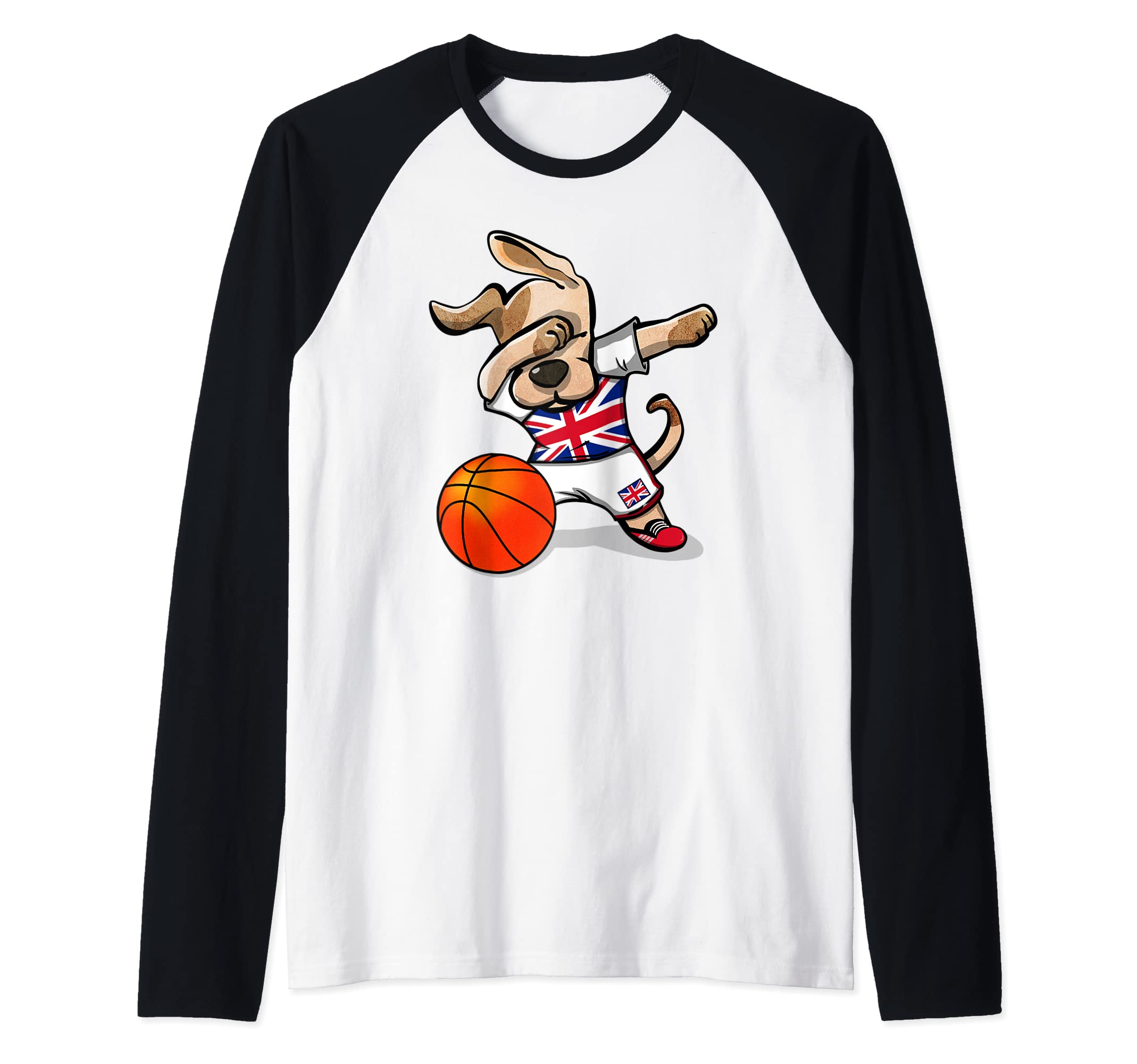 Funny Dabbing Dog United Kingdom Basketball - British Flag Raglan Baseball Tee
