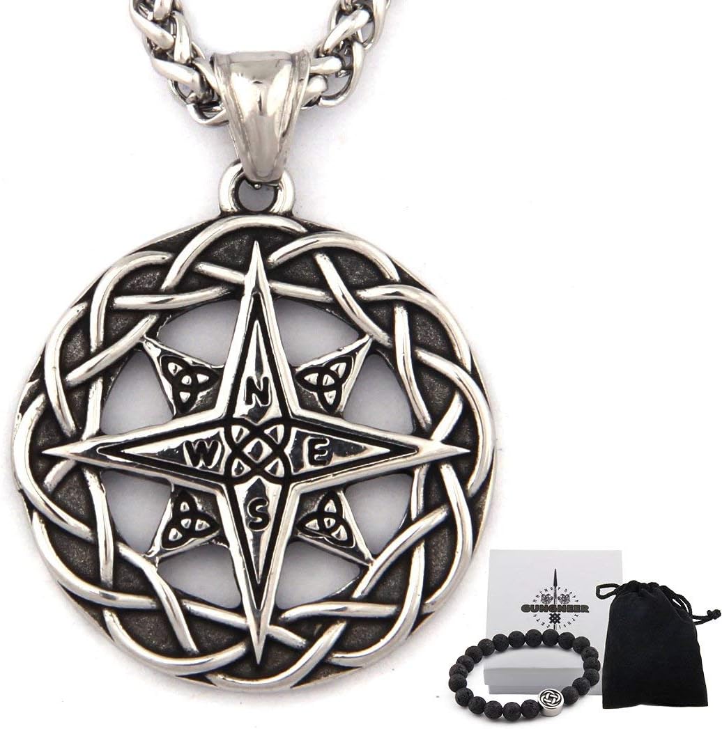 GungneerGungneer Stainless Steel Celtic Knot Triquetra Irish Compass Necklace Trinity Strength Symbol Keel Chain Jewelry