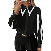 GORGLITTER Women's Color Block Shirt Long Sleeve Point Collared Button Down Shirt Business Causal Blouses