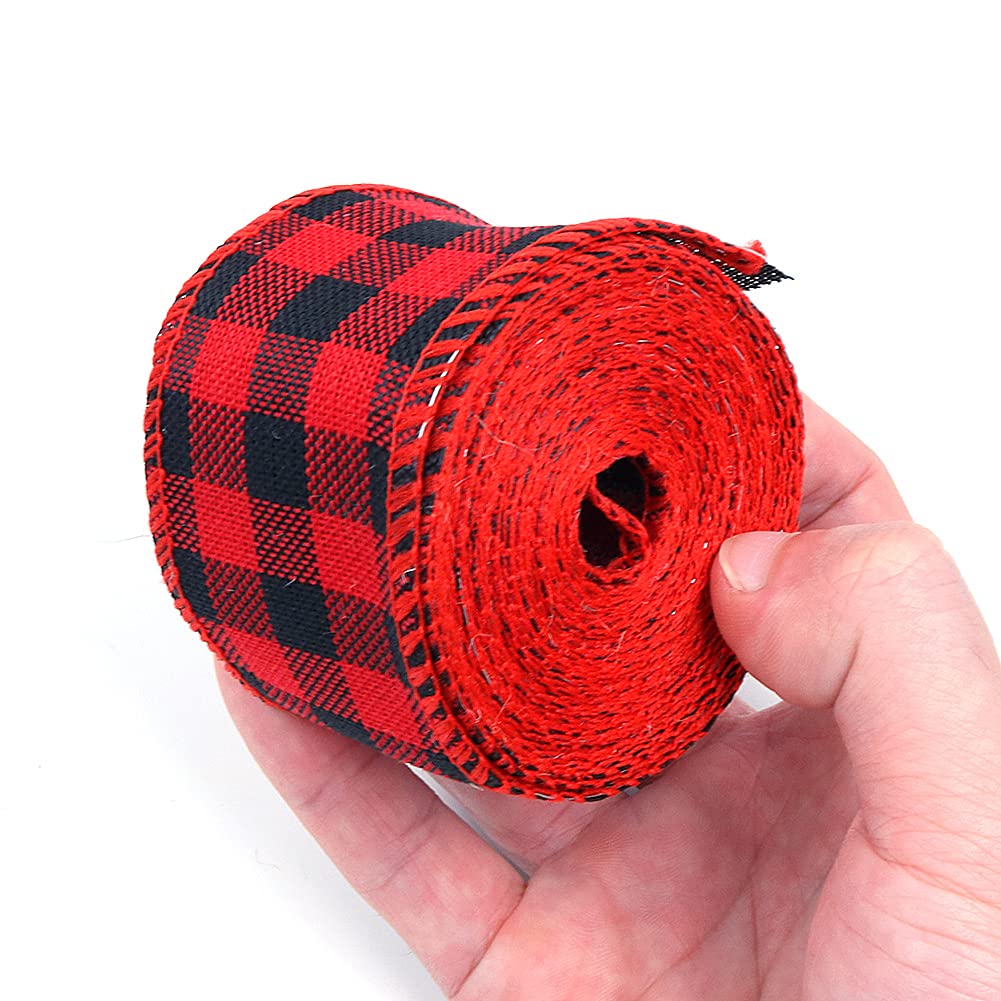 Alnicov Retro Plaid Ribbon,2 Rolls Christmas Plaid Burlap Ribbon Wired Wrapping Ribbon for DIY Christmas Crafts Decoration,Floral Bows Craft,6.56Yd Each Roll
