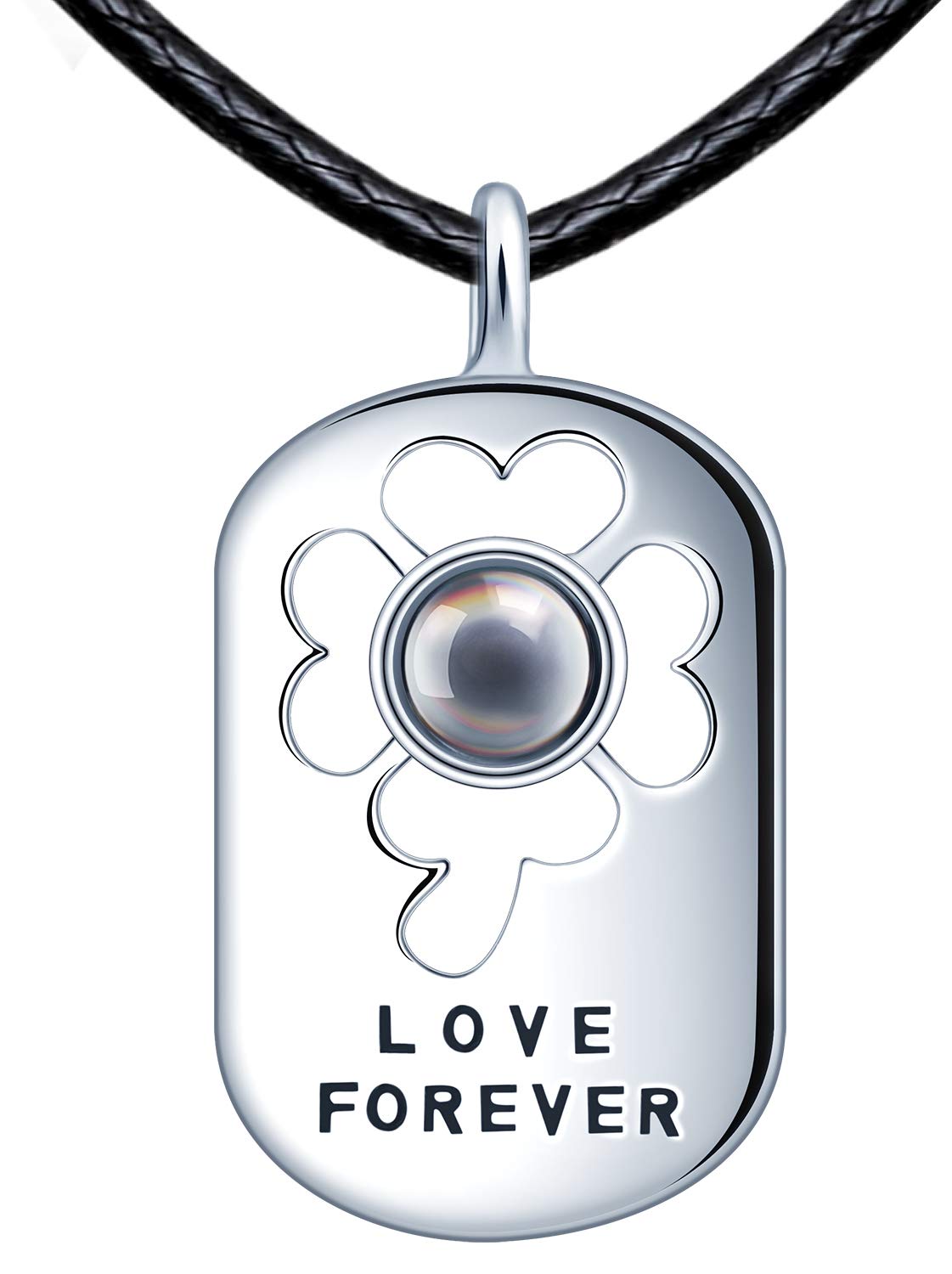 CPSLOVE Hollow four-leaf clover Couple Necklace, couple's 999 sterling silver Pendant, women's necklace, men's necklace, Black Nano Stone with 100 languages "I love you" projection, love necklace