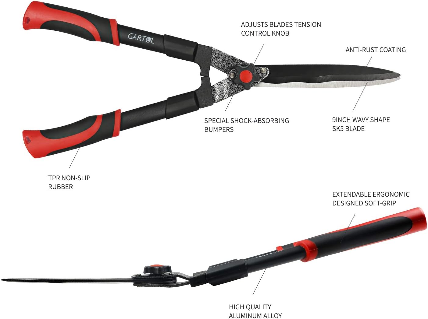 GARTOL 23-inch Hedge Shears - Ideal for Shaping Hedges, Decorative Shrubs, with 9-inch Wavy Sk-5 Blades, Shock-Absorbing Bumpers, Strong Steel Grip Handles and Adjustable Tension Control Knob : Garden & Outdoor