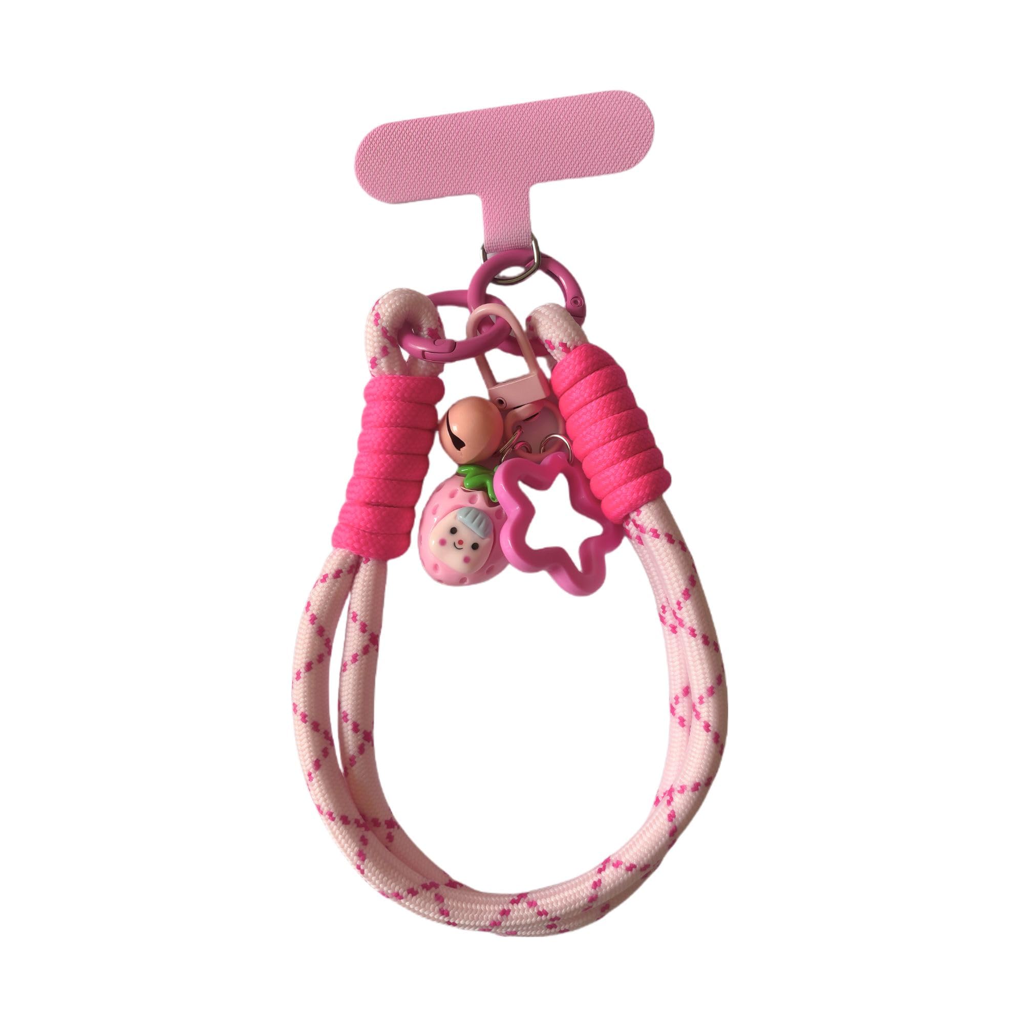 Photo 1 of KEESOO Dopamine Vibes Universal Wrist Strap - Korean-Style Short Phone Lanyard with Cute Pink Strawberry Charm, 7mm Rope, Trendy Anti-Theft Tether for Girls, Includes Pendant & Nylon Phone Tab
