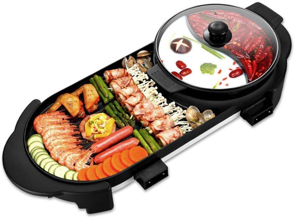 2 in 1 Electric Bbq Hot Pot Grill Electric Barbecue Pan Grill and Hot Pot for Indoor Outdoor Parties
