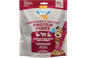 Good Boy Carnivore’s Delight Protein Purees Dog Food Mixers for All Adult Dogs, 30 Count, Easy Single-Serve Triple Flavor Topper Treats with Duck, Beef and Rabbit