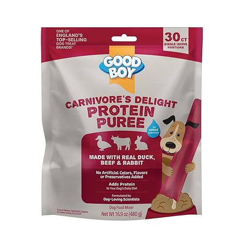GOOD BOY Carnivore’s Delight Protein Purees Dog Food Mixers for All Adult Dogs, 30 Count, Easy Single-Serve Triple Flavor Topper Treats with Duck, Beef and Rabbit