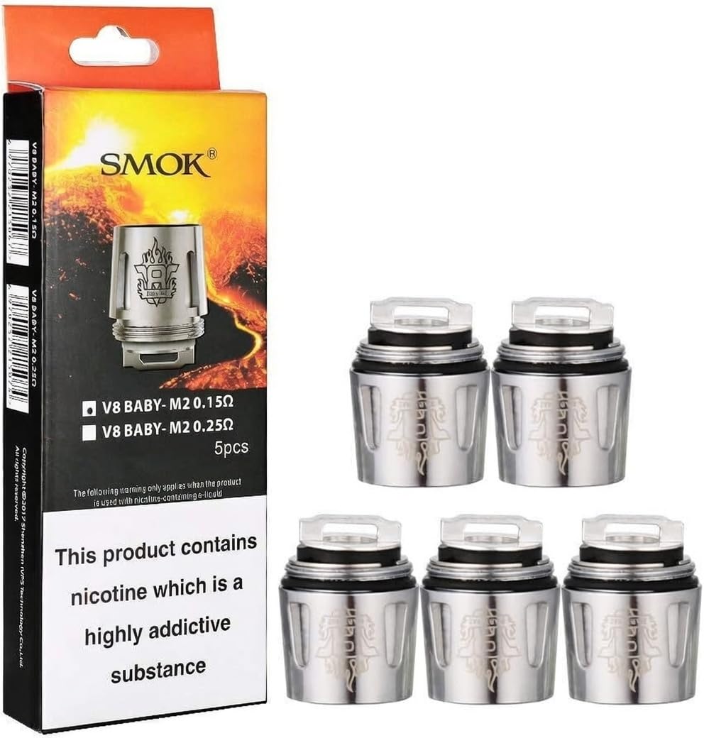 SMOK V8 Baby Replacement Coils M2 0.15 Ohm [Pack of 5] - Dual Coil Build, 30-70W Range, Cloud Chasing Performance, Works with Rigel Mini Kit, TFV8 Baby Tank, TFV9 Mini Tank, Pack of 5, No Nicotine