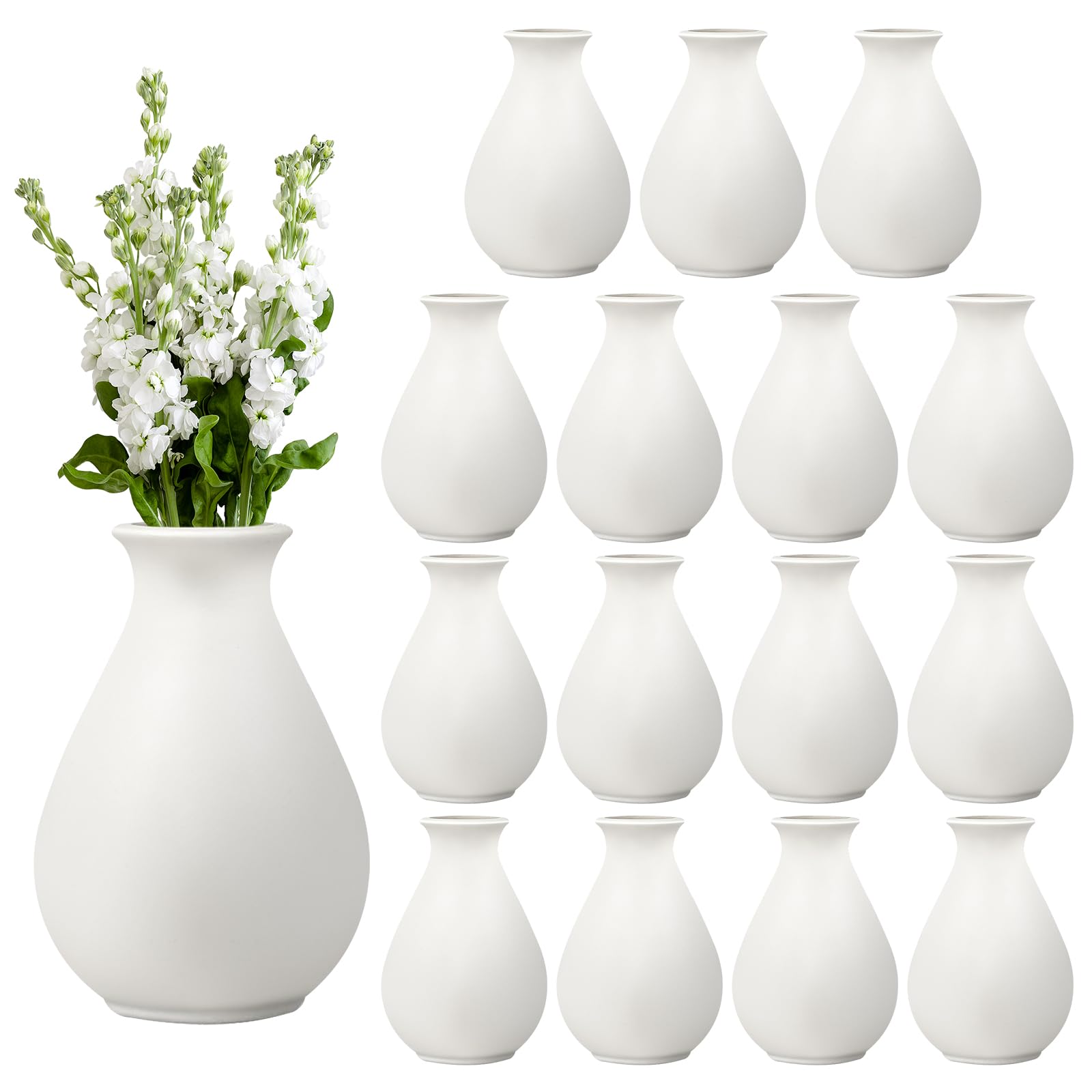 Photo 1 of 15 Pack White Ceramic Bud Vases Bulk, 3.9 Inch Small Boho Flower Vase, Matte White Vase for Centerpieces, Pampas Grass, Dried Flowers, Wedding Table and Home Décor