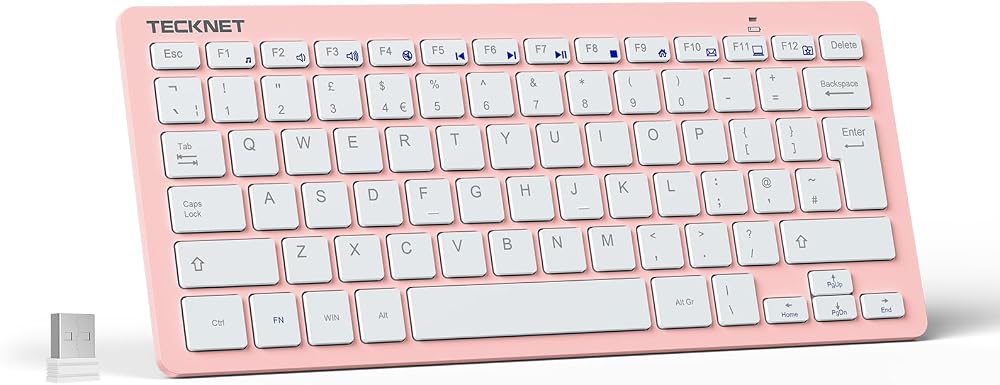 TECKNET 2.4G Wireless Keyboard UK Layout Pink Compact Mini 12 Month Battery