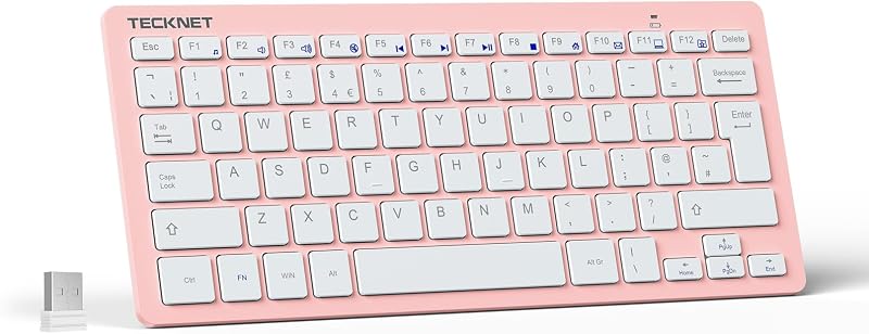 TECKNET 2.4G Wireless Keyboard UK Layout Pink Compact Mini 12 Month Battery