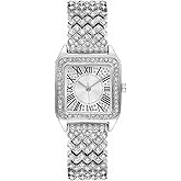 MINILUJIA Luxury Lady Crystal Watch Fashion Full Bling Iced Out Diamond Quartz Analog Watch Women Dress Square Wristwatch (Silver)