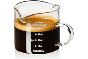 PARACITY Espresso Cup with Handle, Double Spout Glass Measuring Cup with Dual Scale, Espresso Shot Glass with V-Shaped Mouth, Clear Glass Milk Frothing Pitcher, Espresso Accessories, Milk Cup 2.5 OZ