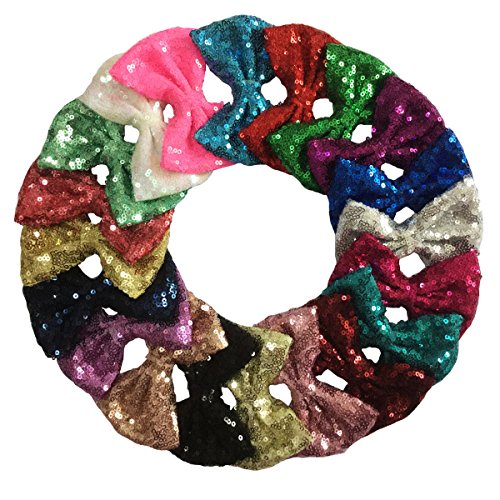 Yazon 20pcs 4 inch Sequin Hair Bows With Clips Baby Girl's Bow Hair Clips (4'' sequin bows with clips mix 20 color) - Thumbnail 6