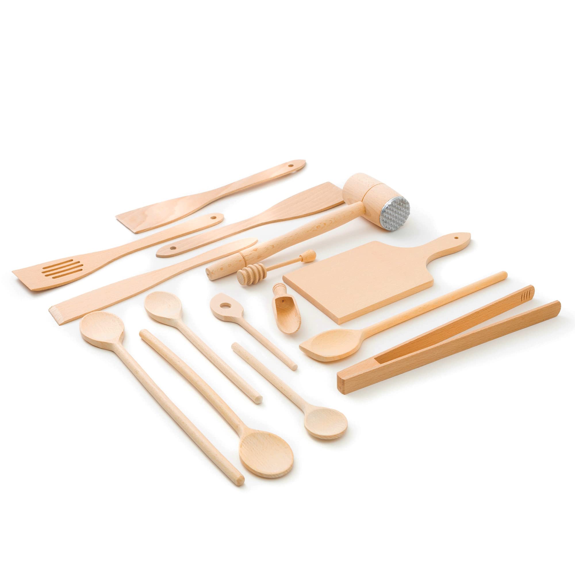 Tuuli Kitchen Wooden Cooking Utensils 15 piece Set (6x Cooking Spoon, 4x Spatula, Honey Dipper, BBQ Tongs, Chopping Board, Meat Tenderiser Hammer, Spice Spoon)