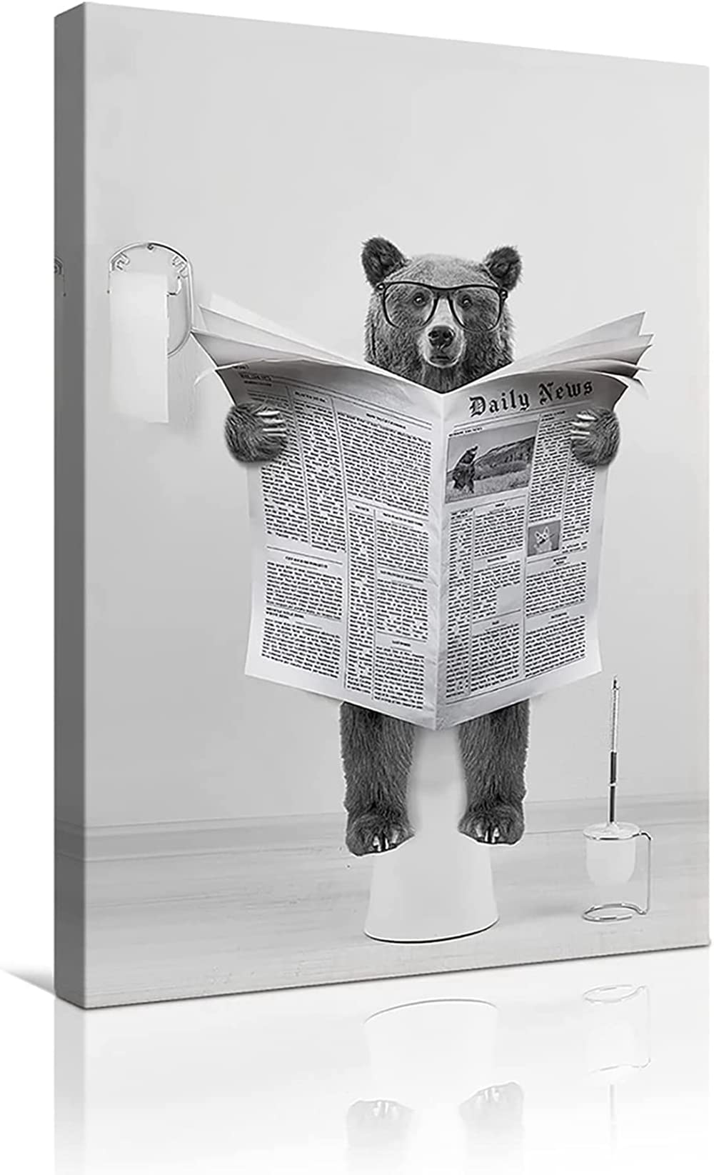 MKHFUW Modern Canvas Wall Art Funny Animals Sitting on the Toilet, Newspaper Pictures Reading Bathroom Bedroom Poster, Frameless (Bear-1.20 x 30 cm)
